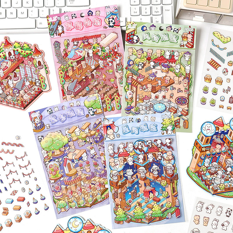 Rainbow Fortress 3D pegatinas impermeables transparentes estereoscópicas pegatinas paisajísticas para niños dibujos animados miniaturizados pegatinas descomprimidas