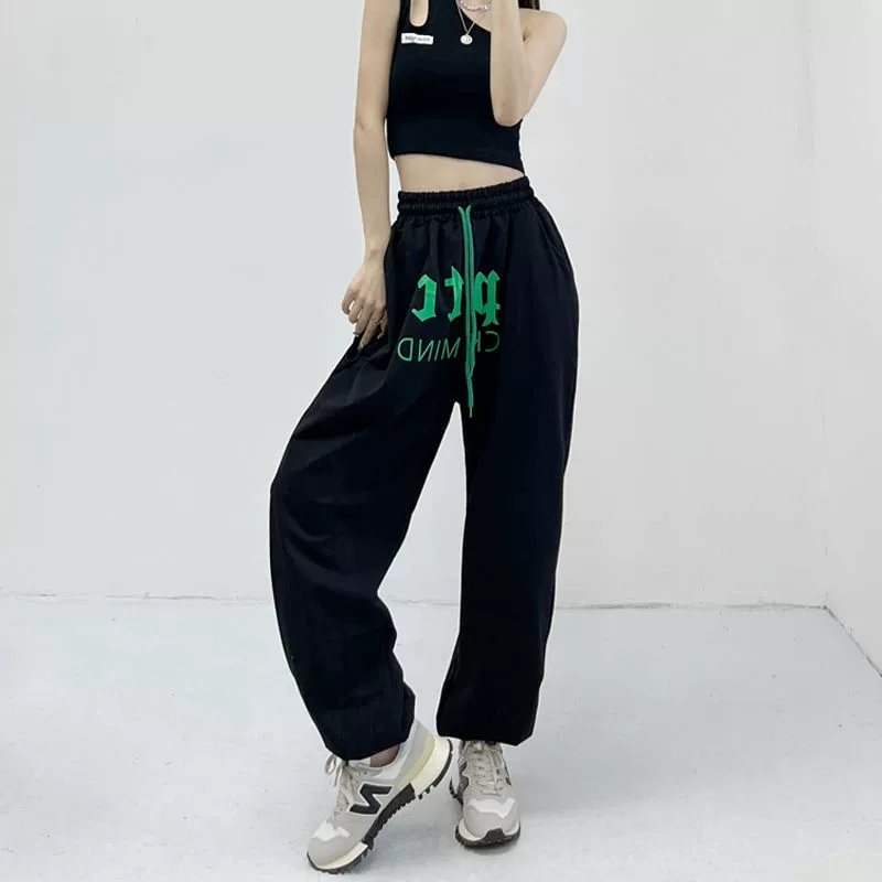 Красные спортивные брюки в hip-hop стиле для отдыха, европейский стиль, свободный крой, высокая талия