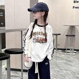 女童纯棉长袖T恤时尚蝴蝶结三条杠大童百搭休闲宽松打底衫春秋款
