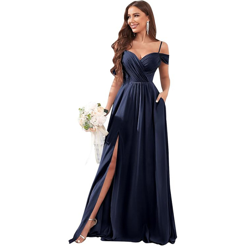 Vestido de noche de un solo hombro sexy europeo y americano, vestido de falda larga de cola de pez de encaje, dama de honor de gasa a nivel de diosa, caída delgada