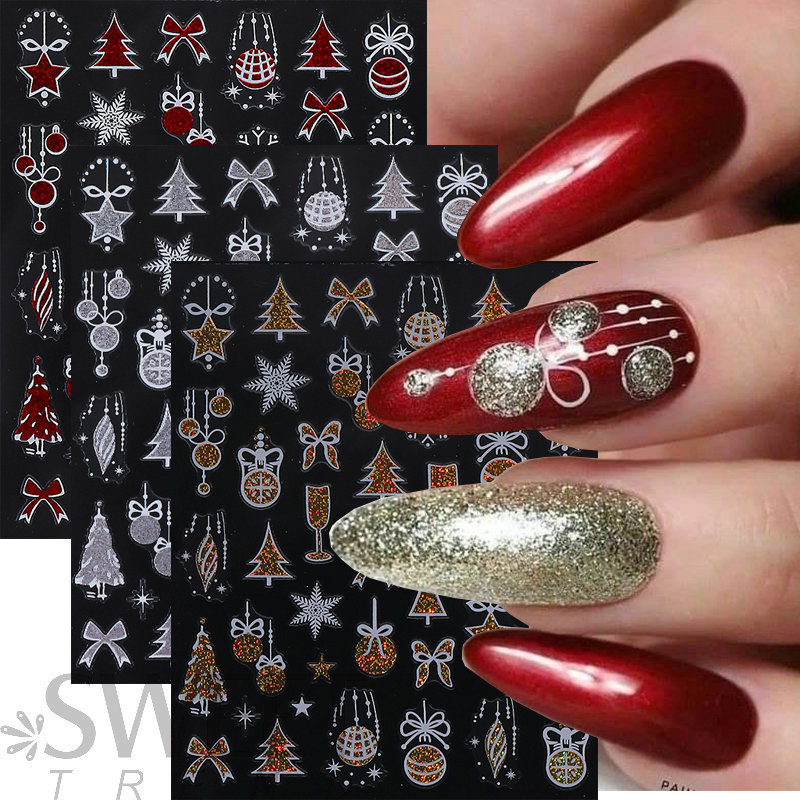 Cross-Border New Nail Art Stickers Ins Winter Christmas 3D Snowflake Christmas Tree Light Ball Gold and Silver Glitter Nail Stickers