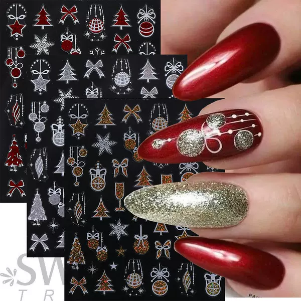 Cross-Border New Nail Art Stickers Ins Winter Christmas 3D Snowflake Christmas Tree Light Ball Gold and Silver Glitter Nail Stickers