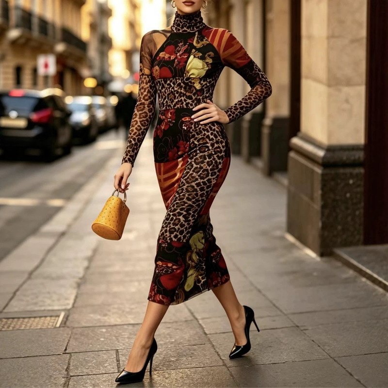 2026 New Leopard Print Floral Patchwork High-Neck Mesh Long-Sleeve Bodycon Fishtail Mid-Length Dress for Women Cross-Border Party
