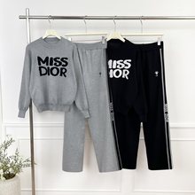 跨境2025春秋长袖针织套头上衣新款宽松字母高腰阔腿裤两件套