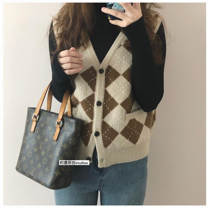 Retro Quilted Knitted Vest Cardigan V Neck Japanese Style Contrasting Color Sweater Vest Warm Alpaca Sweater Women's Spandex