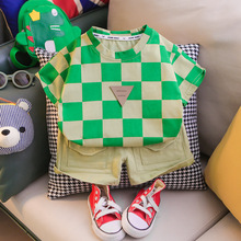 2022夏季套裝新款棋盤格圓領短袖T恤時髦寶寶工裝短褲兩件套童裝