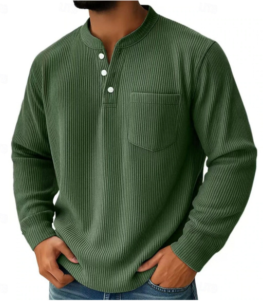 Men's Corduroy Polo Shirt Solid Colour Three-button Collar Top_voghion.com