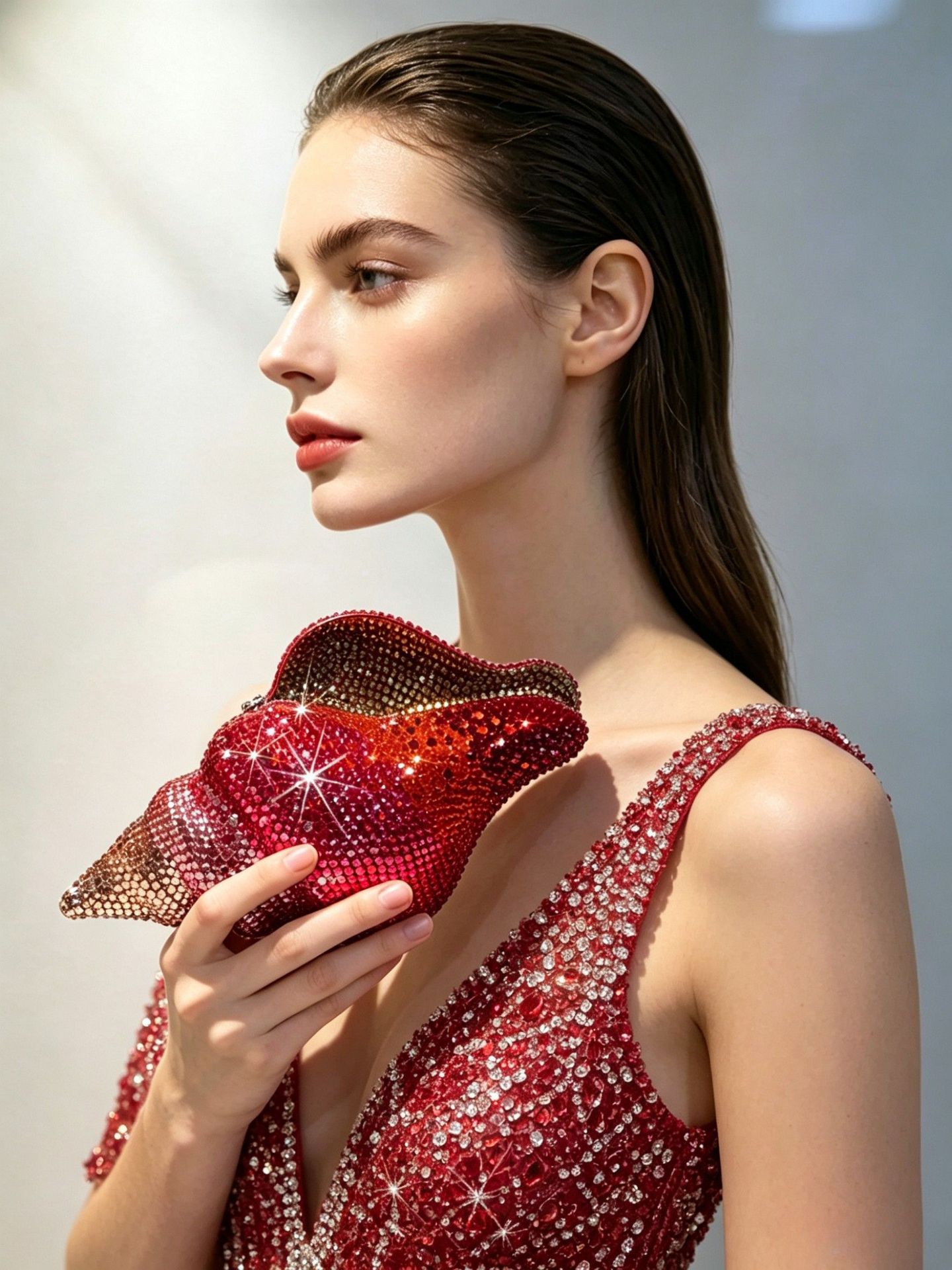 Túi clutch nữ đính đá hình vỏ sò dạ hội — rượu vang đỏ, Vàng nâu, Đen xám bạc, Bảy màu chi tiết 2