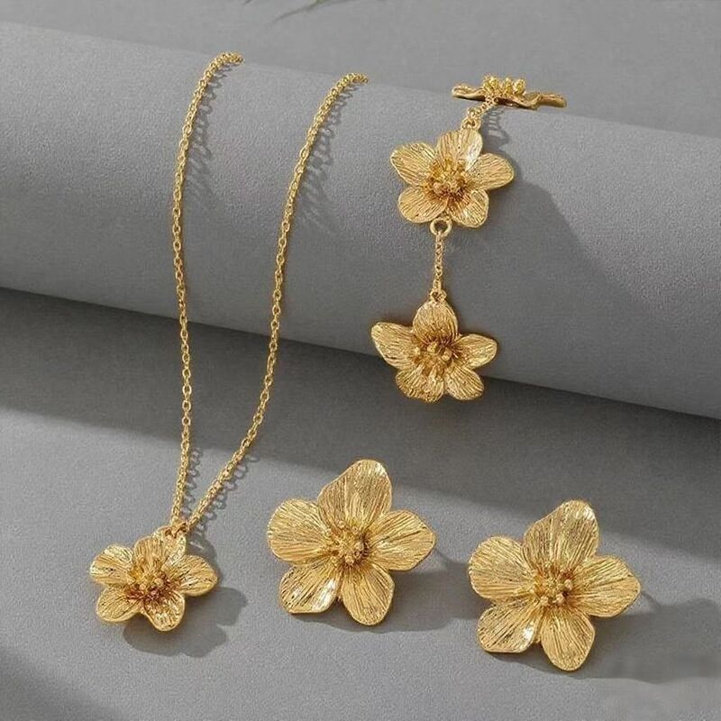 欧美跨境时尚花朵首饰套装shein热销金色花蕊吊坠项链手链耳钉女|undefined