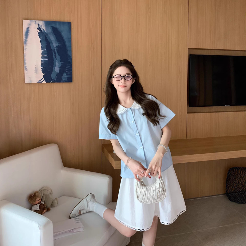 Original Design! Shenzhen Nanyou Miao Family 2026 Spring/Summer New Light Blue Color-Blocked Doll Collar Lace Short-Sleeve Shirt