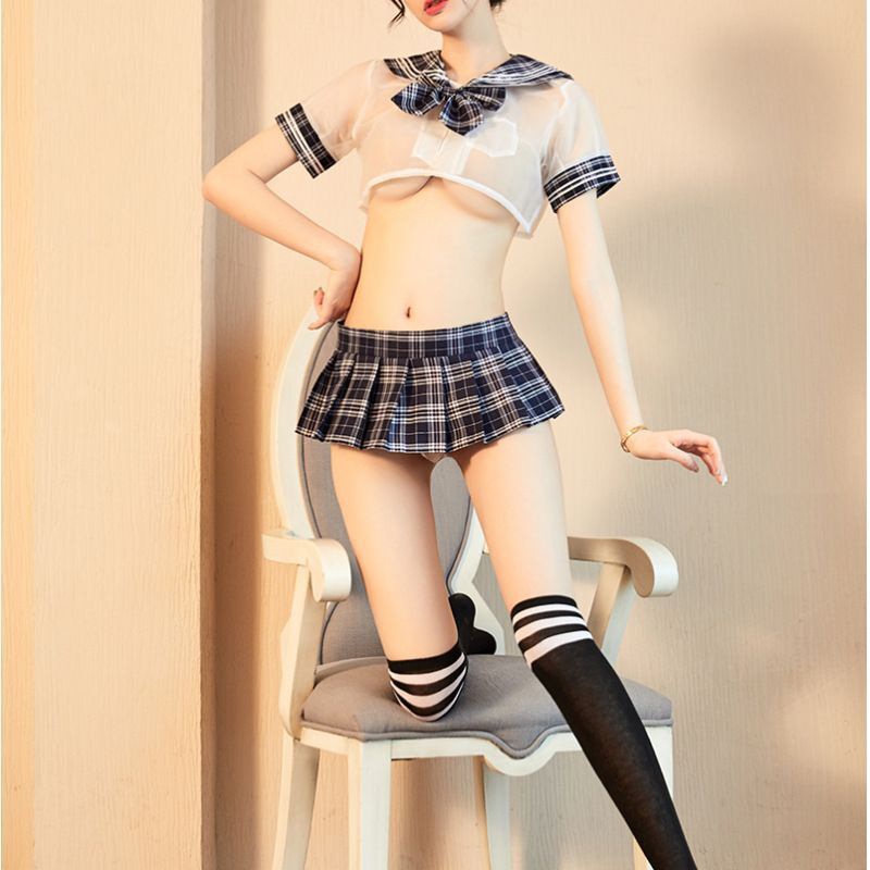 Night Fragrance New Sexy Lingerie Short Skirt Jk Uniform Plaid Temptation See-Through Sailor Suit