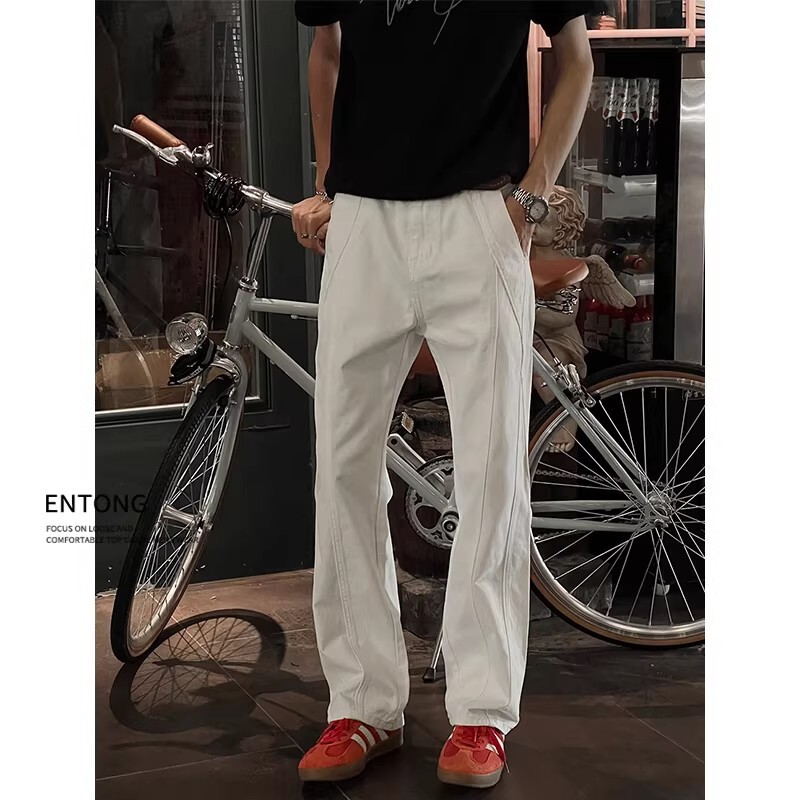 Cleanfit White Diagonal-Cut Flared Jeans for Men, Slim Straight Pants with a Deconstructed Design, American Vibe Pants