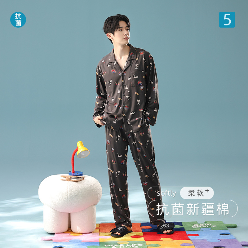 [Antibacterial Cotton] Cartoon Cute Autum New Long-Sleeved Pajamas Men's Pure Cotton Category a Home Wear Set