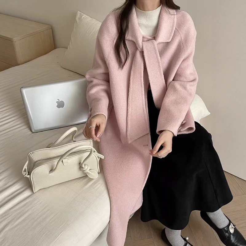 [Special Offer] New Autumn and Winter Mid-Length Double-Sided Wool Coat for Women, Stylish Design with Tie, Loose Woolen Coat