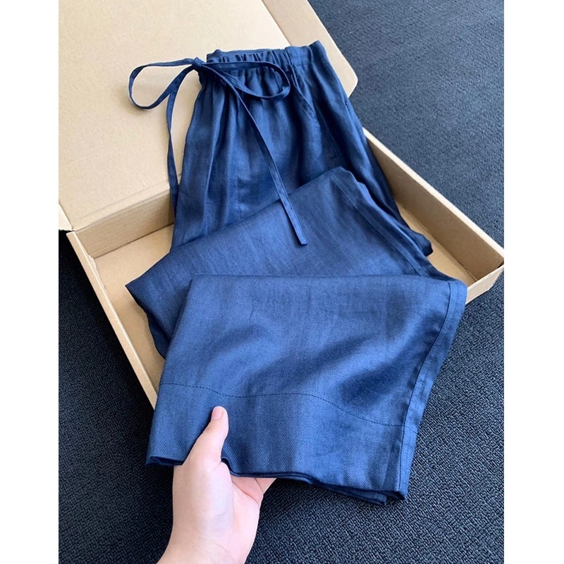 超見栄えの良い、ファッショナブルでハイエンドの新しい中国風のブルーのワイドレッグパンツ、女性用夏の新しいカジュアルで多用途なルーズパンツ2025|undefined
