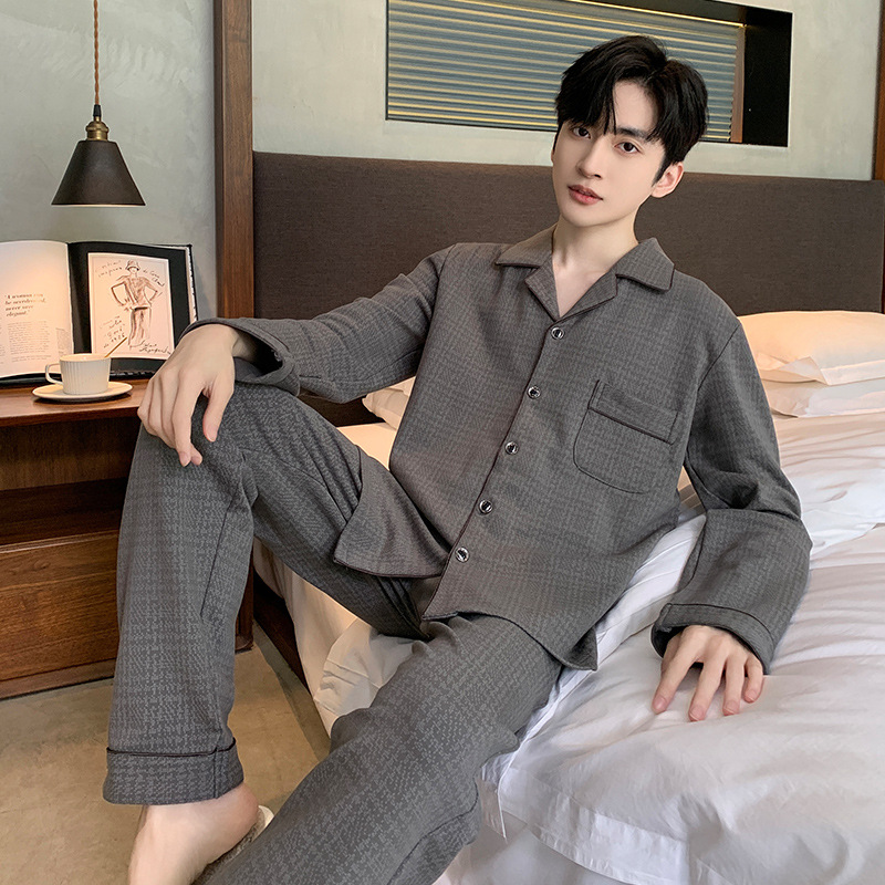 (2개) 봄과 가을면 니트 남성용 잠옷 세트 캐주얼 심플 패션 관대 한 긴 소매 바지 가디건 홈 의류