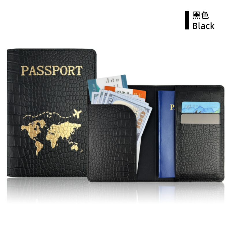 Spot Cross-border PU cuero patrón de cocodrilo protección de pasaporte este conjunto de clip de pasaporte de cuero estampado en caliente mapa bolsa de pasaporte en blanco y negro