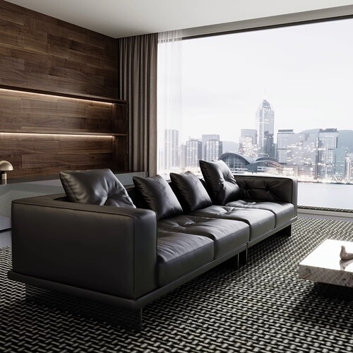 Italian Minimalist New Style Dalan Leather Sofa, Luxurious Living Room Top-Grain Beefhide Straight Three/Four-Seater Leather Sofa