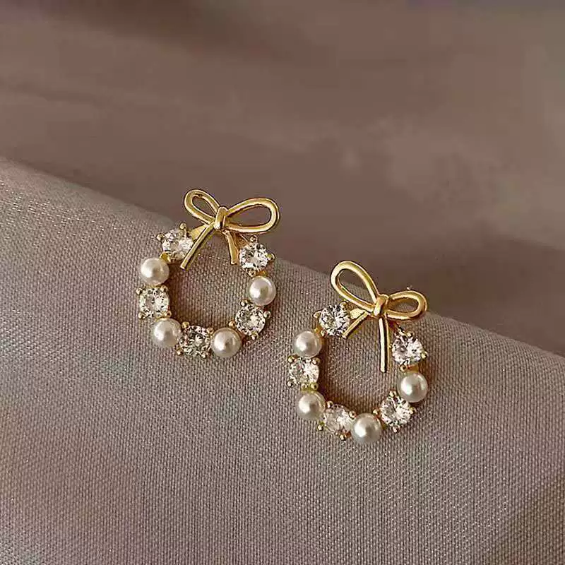 Jewelry pearl, earrings with bow, silver 925 sample, internet celebrity