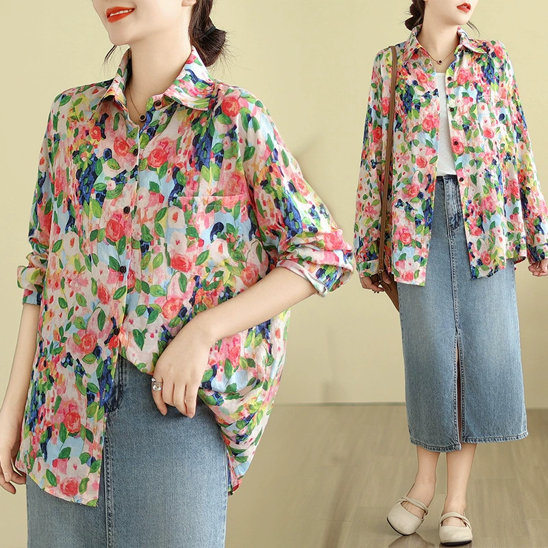 Реальный снимок 2023 года, летняя и осенняя новая рубашка с длинными рукавами из хлопка и льна с цветочным принтом 91610 # Художественный повседневный топ большого размера в корейском стиле