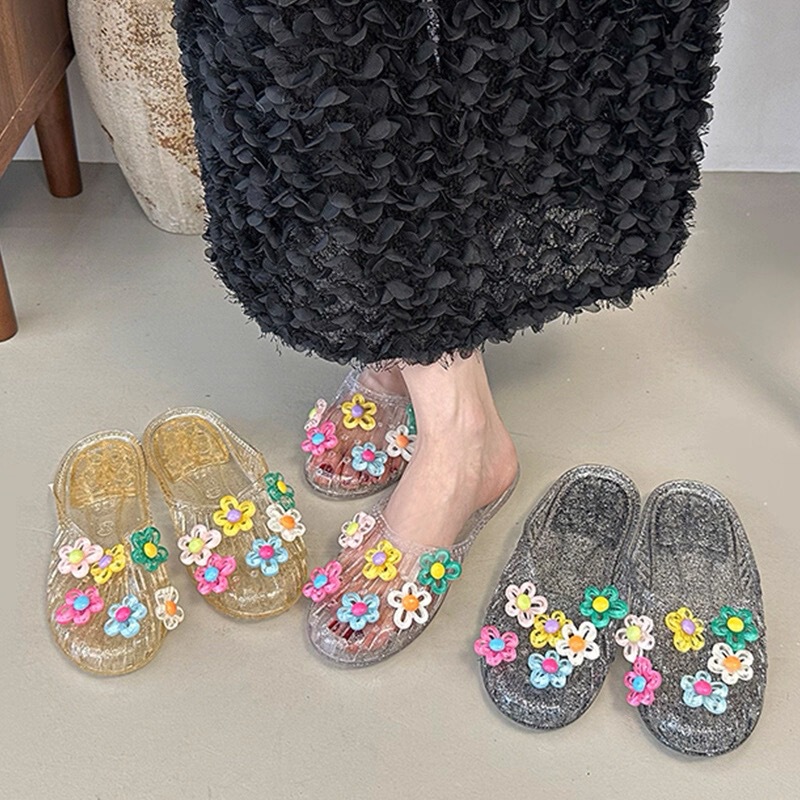 Summer New Style Transparent Flats-Bottomed Toe-Toe Sandals for Outer Wear Non-Slip Hollow Hole Shoes Student Crystal Half Slippers for Women