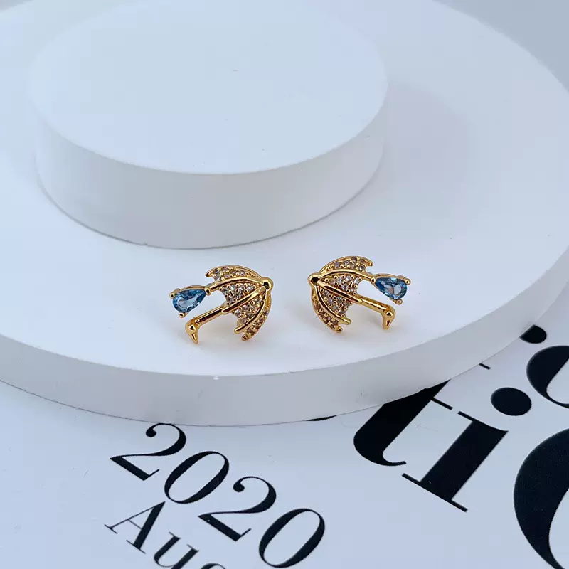 新款时尚轻奢小众设计镶嵌锆石雨伞水滴造型精美金属耳钉