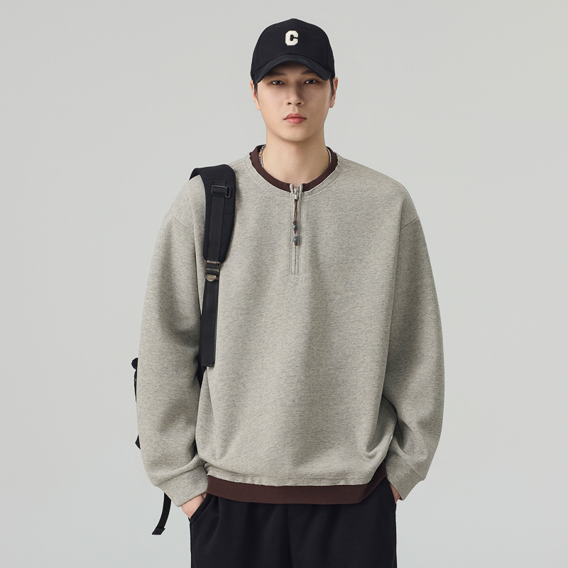 2026 Autumn/Winter New Half-Zip Round Neck Sweatshirt for Men, Ethnic Style, Casual Loose Fit, Long Sleeve, Hong Kong Fashion Brand Top for Men