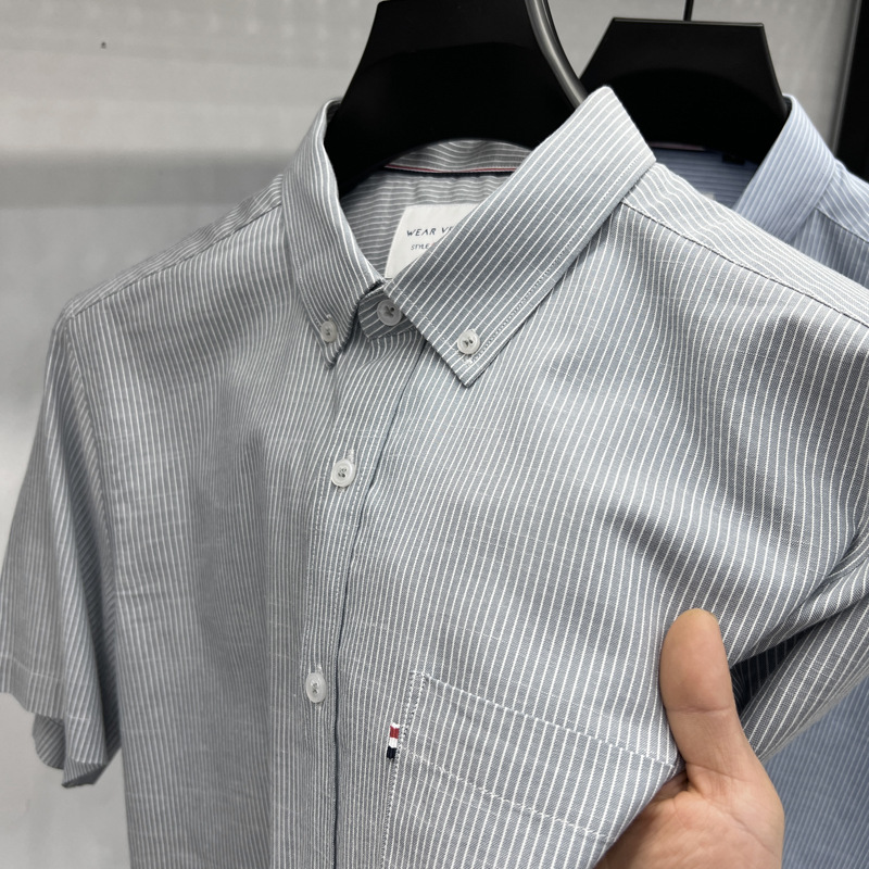 Authentic American Tommy striped short-sleeved shirt for men, summer short-sleeved top, pure cotton, business casual shirt for middle-aged men.