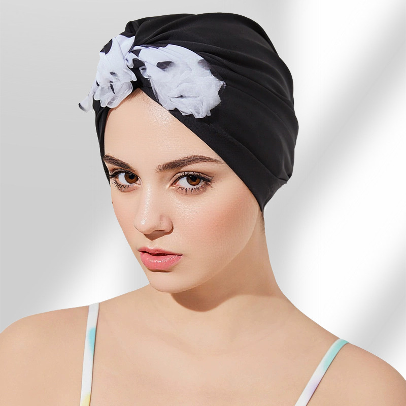 Gorro de baño, cabello largo, sin cabeza, circunferencia de la cabeza grande para adultos, tela plisada de alto valor, protección de los oídos de moda, gorro de baño de tela de lujo ligero