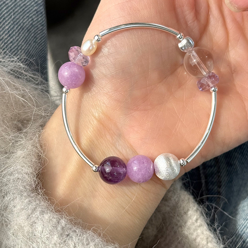 925 Sterling Silver Amethyst Bracelet for Women, Handmade Silver Beads, Simple New Chinese Style Design, Versatile Beaded Hand Jewelry B3149