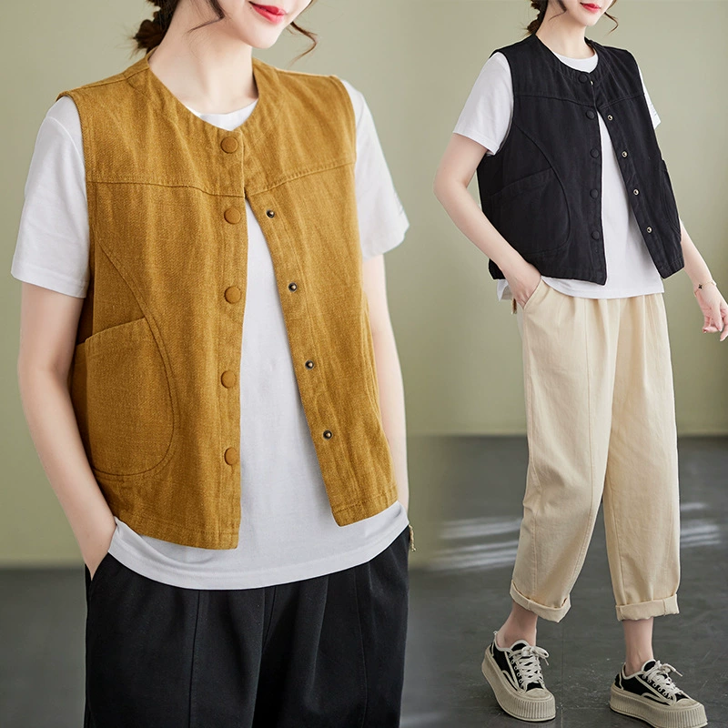 Осень ретро жилет, хлопок и лен, по фигуре