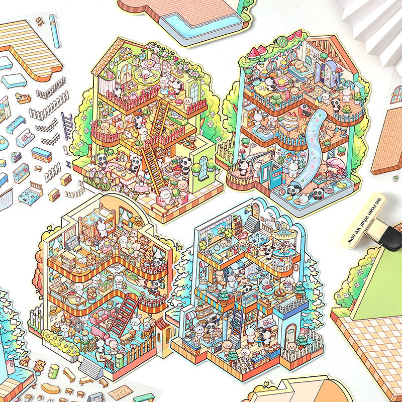 Pegatinas de paisaje de primavera, verano, otoño e invierno, dibujos animados de tres capas, collage de escenas en miniatura 3D, pegatinas de facturación de bricolaje