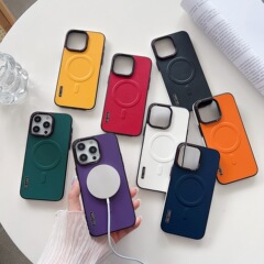 コントラストカラーのレザー素材、Apple 16 Pro Max用スマホケース、メタルボタン、マグネット式、iPhone 17用耐衝撃保護カバー