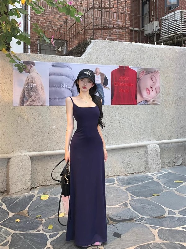 纯欲风美背吊带连衣裙女夏季蓝色修身收腰长裙显身材辣妹包臀裙子|undefined