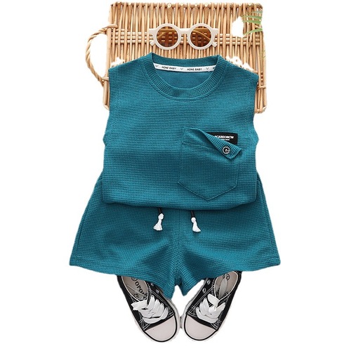 Baby summer suit Korean version little boy summer solid color pocket 2-piece set boy summer suit children's sleeveless vest