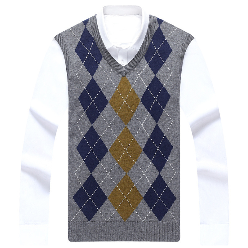 Woodpecker Autumn and Winter 6 Wool V-Neck Trend Thickened Plaid Men's Vest Knitted Vest Sweater Casual Vest