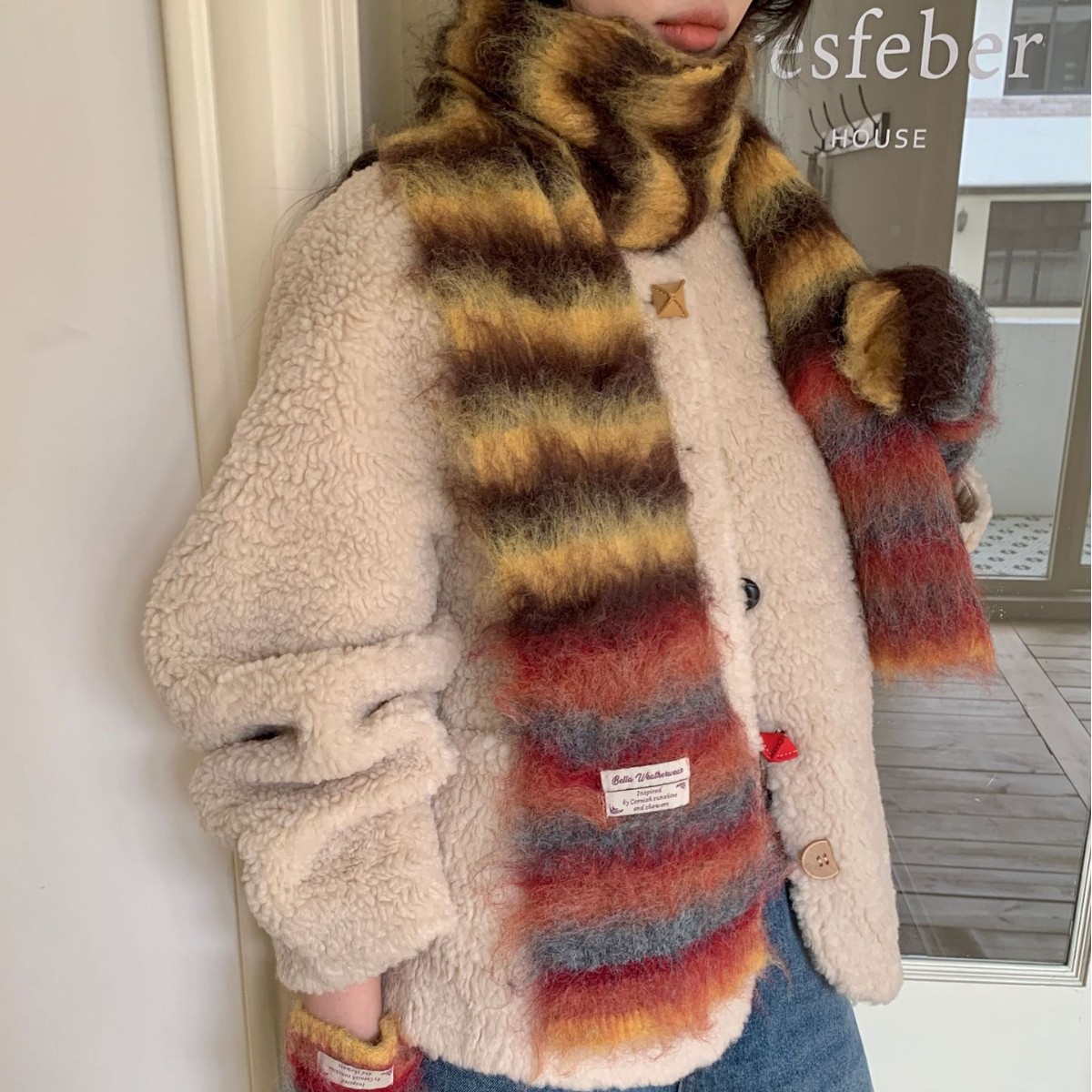 渐变撞色围巾秋冬氛围感加厚条纹拼接男女款针织披巾防寒护脖围脖