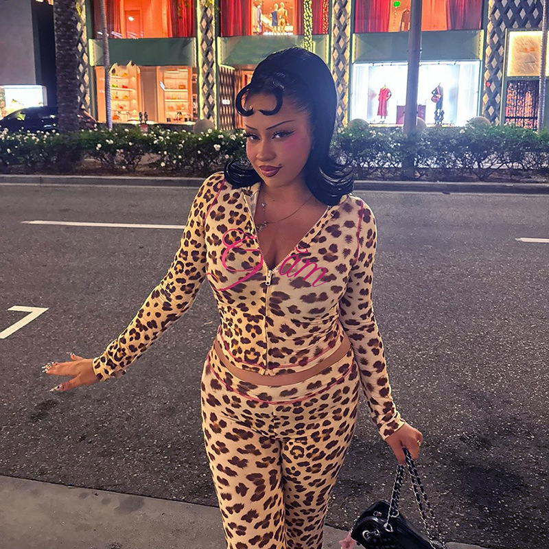 Cross-Border European And American Style 2024 Summer New Printed Hooded Cardigan Top Leopard Print High Waist Tight Long_ecoleips.com