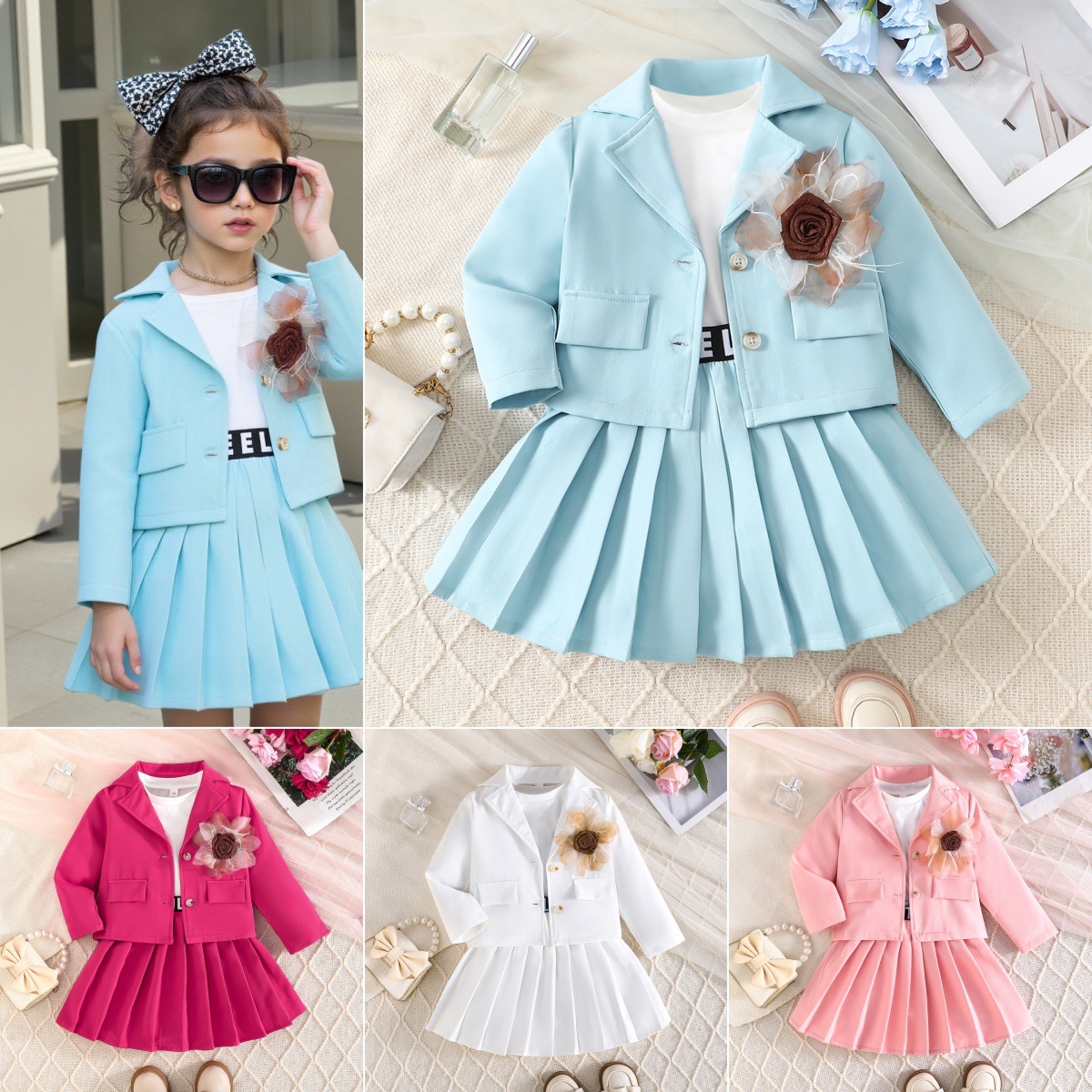 Cross-Border Manufacturers Specialize in Supplying 2025 Autumn Three-Piece Sets for Girls, Including a Three-Dimensional Floral Cardigan + Vest + Pleated Skirt