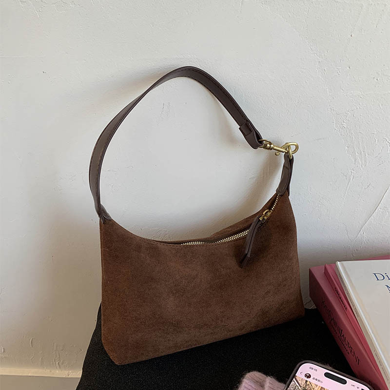 Retro Suede Underarm Bag Simple Pillow Bag Korean Style Crescent Bag Trendy Women's Commuter Shoulder Bag - Thumbnail 8
