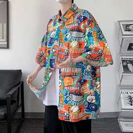 夏威夷卡通沙滩短袖衬衫男士潮流宽松大码胖子痞帅满印衬衣外套男