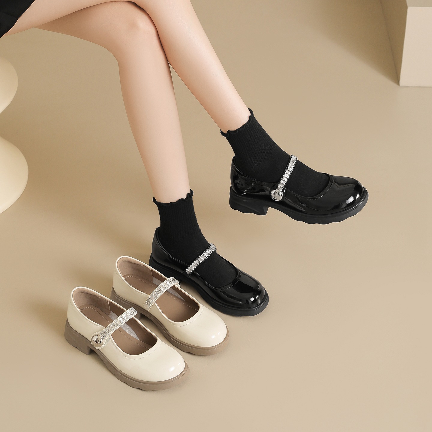 Giày Mary Jane nữ đế dày quai ngang phong cách Pháp — AW181 Màu be