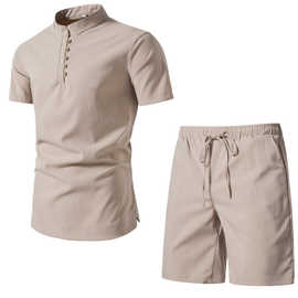 外贸套装男2023夏男士中国风大码短袖复古衬衫纯色沙滩裤短裤套装