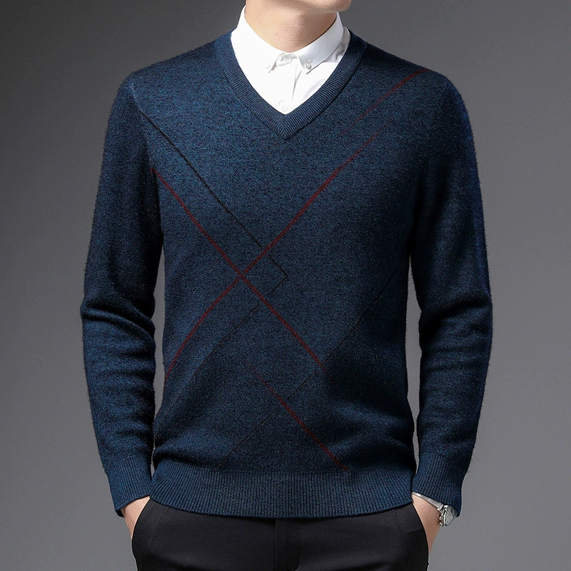 Шерстяной свитер мужской зимний утолщенный теплый свитер с V-образным вырезом пуловер жаккард среднего и пожилого возраста свободный свитер для папы мужской новый