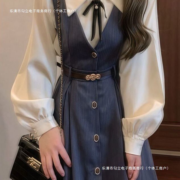 法式秋季文艺复古新款背心连衣裙学院长袖衬衫减龄收腰两件套|undefined