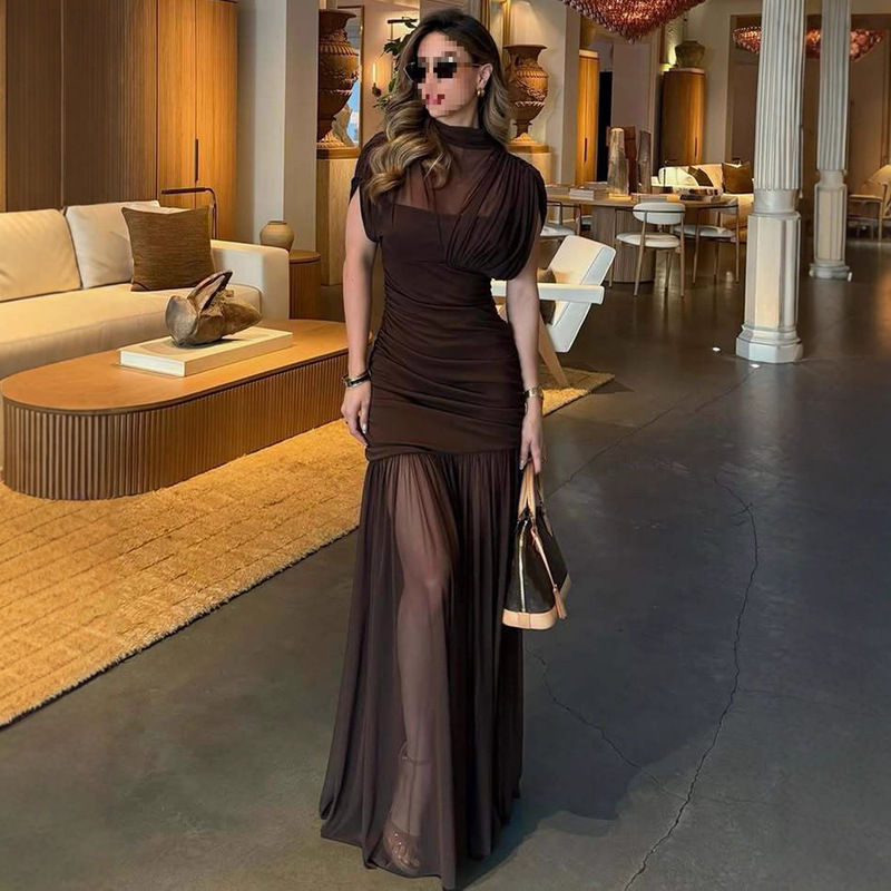 Amazon Cross-Border Best-Selling New Sexy Lady Style Waist-Cinching Close-Fitting Mesh Hip-Covering Long Dress for Women