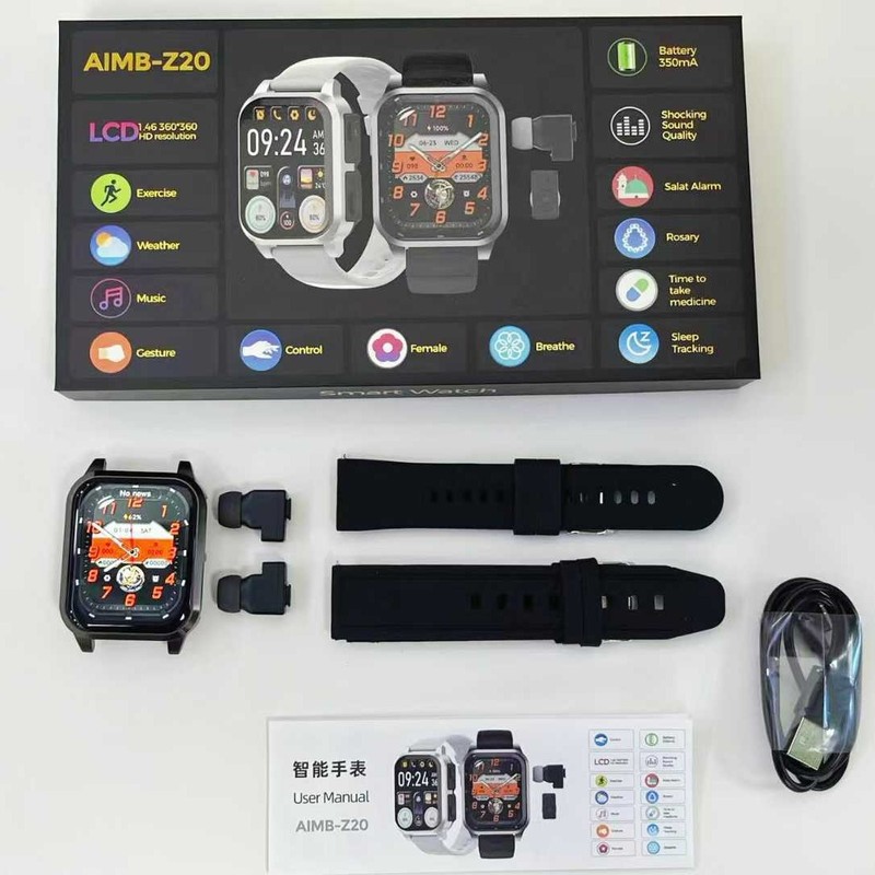 跨境新品AIMB-Z20智能手表蓝牙通话音乐心率睡眠检测+隐藏式耳机|undefined