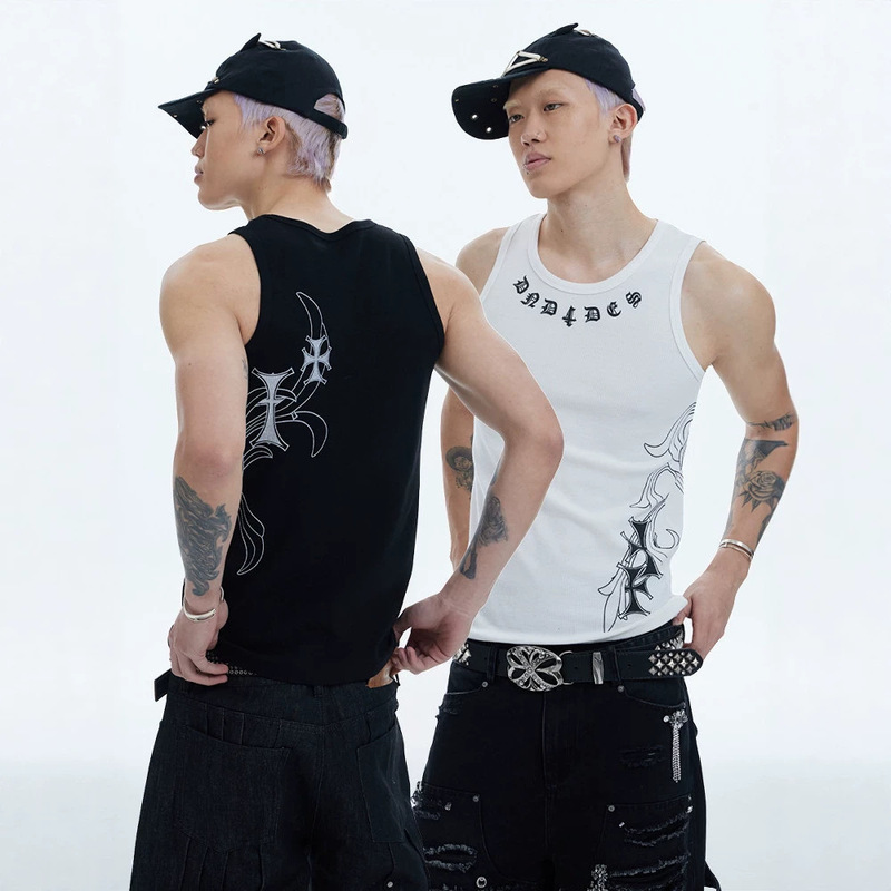 American Street Hip-Hop Tight-Fitting Honeysuckle Pattern Cross Print Ribbed Vest Men's Summer Sports Sleeveless Sweat Vest