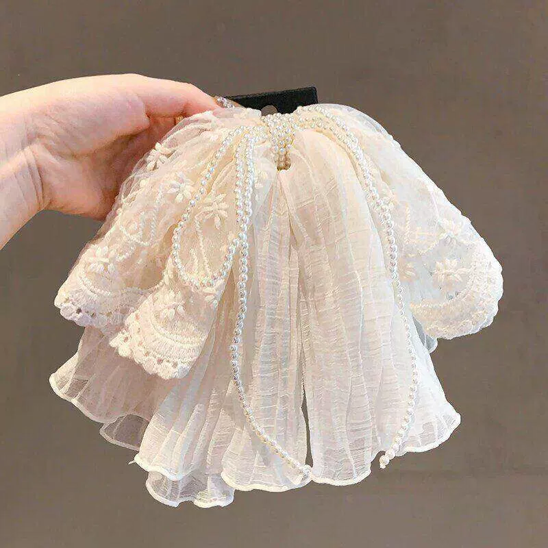 韩国高端浪漫氛围感米白色绢纱刺绣花纹珍珠马尾抓夹仙气顶夹发夹