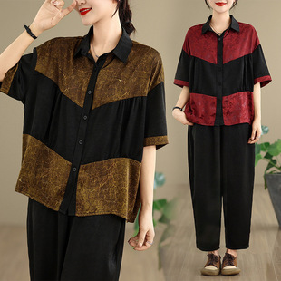 Actual Shot of 2025 New Summer Style Spliced ​​Printed Shirt Top + Elastic Waist Wide Leg Pants Two-Piece Set Plus Size Women's Clothing